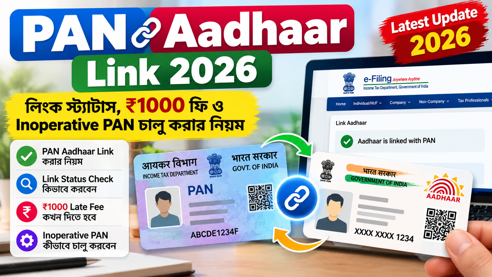 PAN Aadhaar Link 2026: লিংক স্ট্যাটাস, ₹1000 ফি ও Inoperative PAN চালু করার নিয়ম